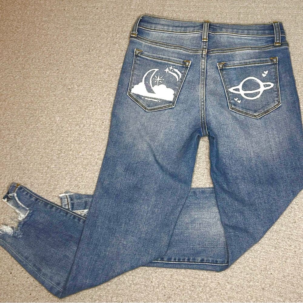 Celestial Jeans Moon Cloud 26 Blue Hand‎ Painted Star Denim Y2K Skinny
